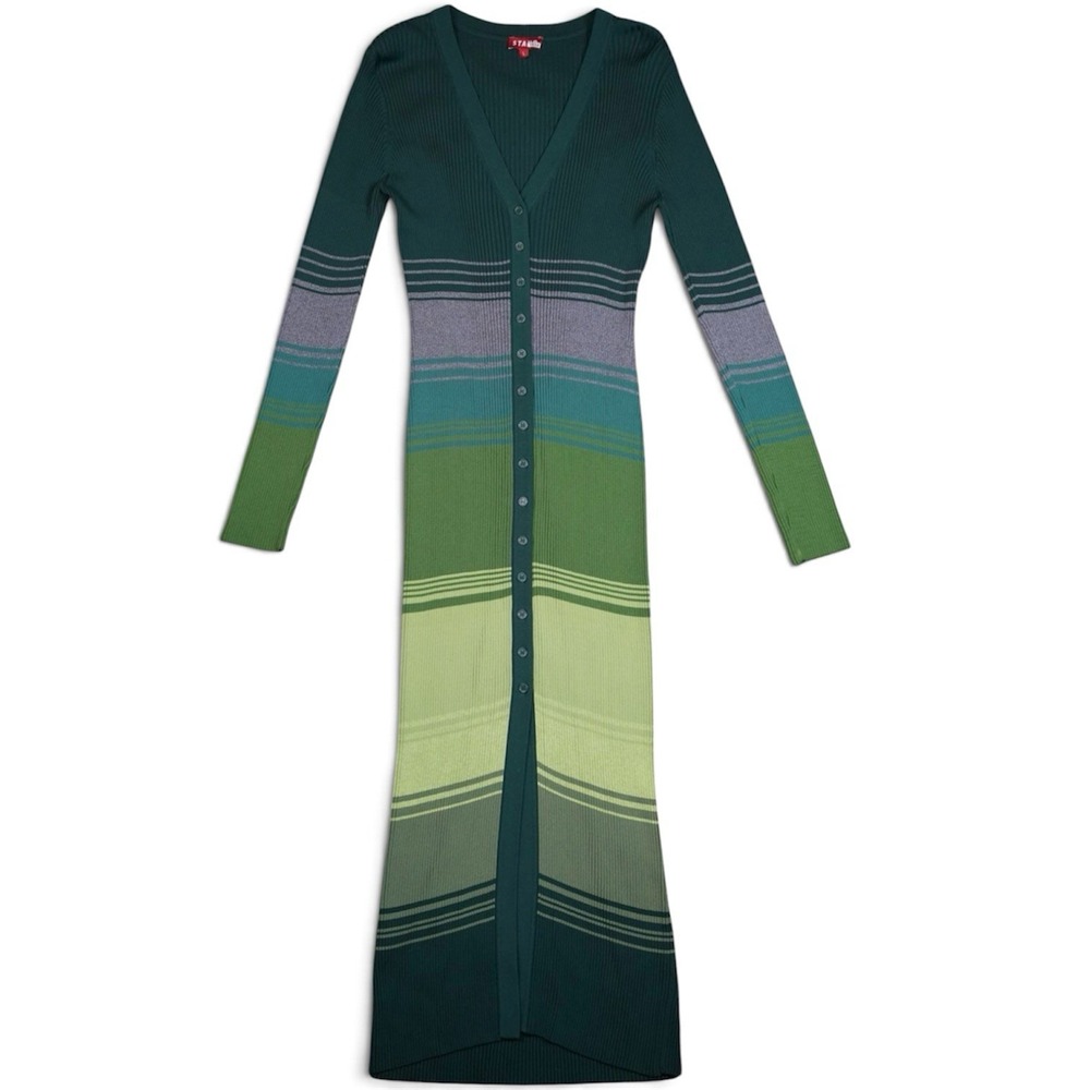 STAUD Shoko Ribbed Knit Button Front Midi Dress Pine Forest Green L